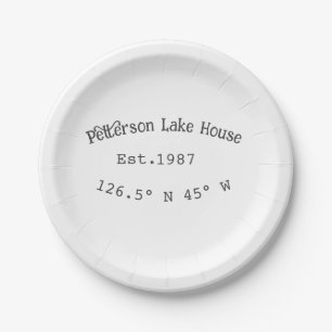 Lake house ets. Date year custom coordinates add n Paper Plate