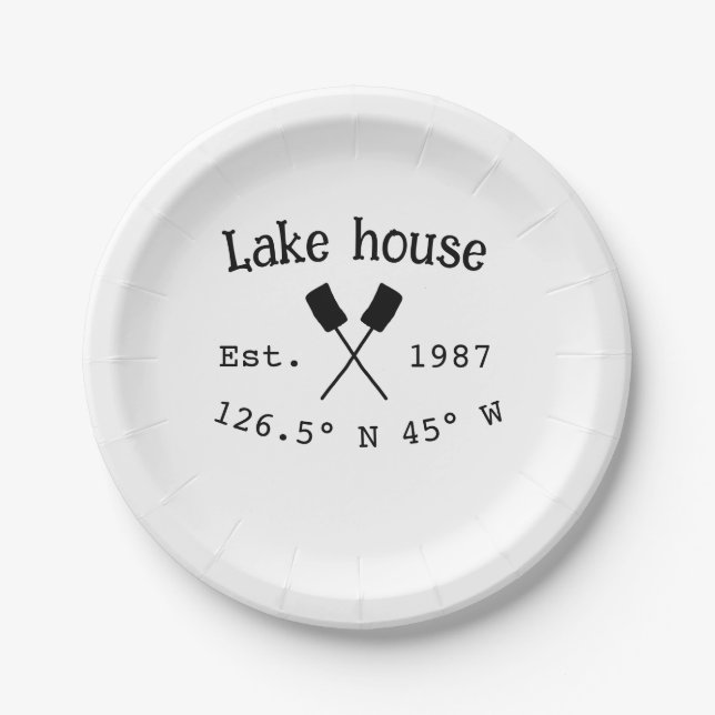 Lake house ets. Date year custom coordinates add n Paper Plate (Front)