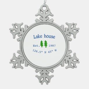 Lake house ets. Date year custom coordinates add n Snowflake Pewter Christmas Ornament