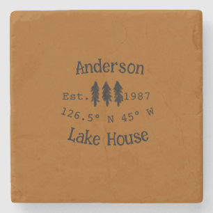 Lake house ets. Date year custom coordinates add n Stone Coaster