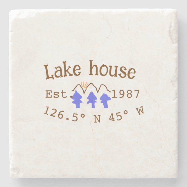 Lake house ets. Date year custom coordinates add n Stone Coaster (Front)