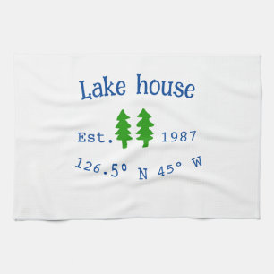 Lake house ets. Date year custom coordinates add n Tea Towel