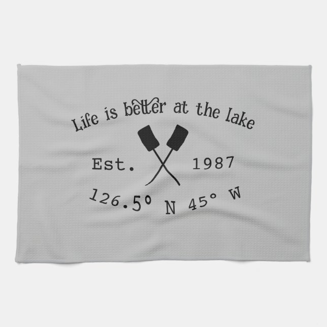 Lake house ets. Date year custom coordinates add n Tea Towel (Horizontal)