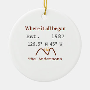 Lake house ets. Date year custom coordinates brown Ceramic Tree Decoration