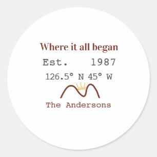 Lake house ets. Date year custom coordinates brown Classic Round Sticker
