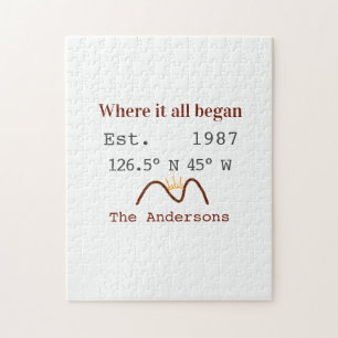 Lake house ets. Date year custom coordinates brown Jigsaw Puzzle