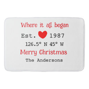 Lake house ets. Date year custom coordinates red Bath Mat
