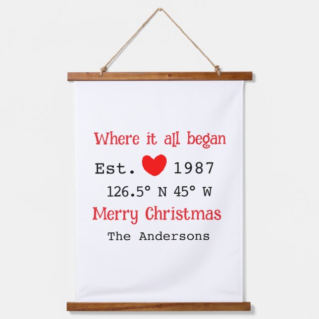 Lake house ets. Date year custom coordinates red Hanging Tapestry (Front)