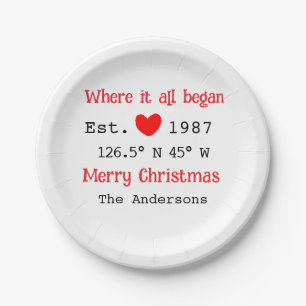 Lake house ets. Date year custom coordinates red Paper Plate
