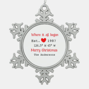 Lake house ets. Date year custom coordinates red Snowflake Pewter Christmas Ornament