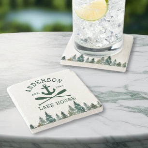 Lake House Family Name Anchor Oars Pines Stone Coaster