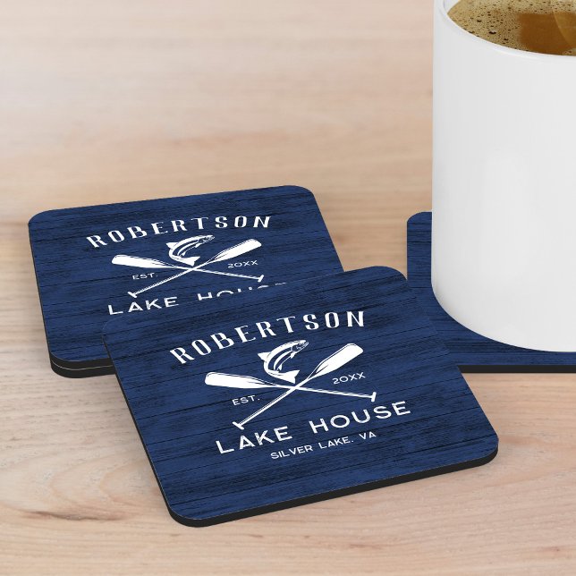 Lake House Family Name Rustic Blue Wood Coaster (Creator Uploaded)