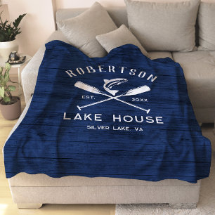 Lake House Family Name Rustic Blue Wood Fleece Blanket