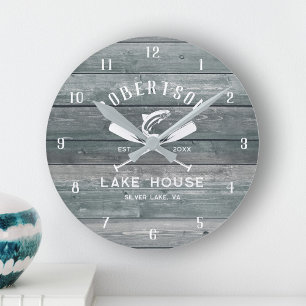 Lake House Family Name Rustic Teal Wood  Round Clock