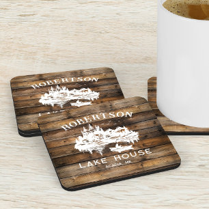 Lake House Family Name Rustic Wood Coaster