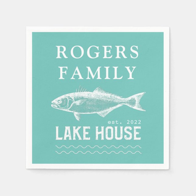 Lake House Family Name Turquoise Blue Paper Napkin (Front)