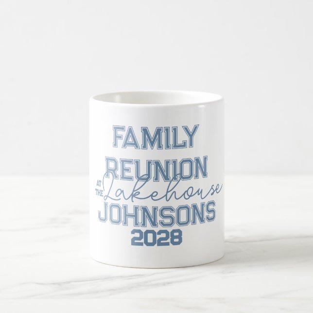 Lake house family reunion retro blue and white  coffee mug (Center)