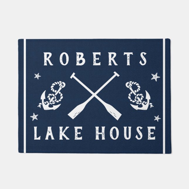 Lake House Navy White Paddles Anchors Custom Doormat (Front)
