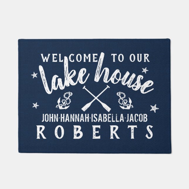 Lake House Paddles Anchors Custom Navy White Doormat (Front)