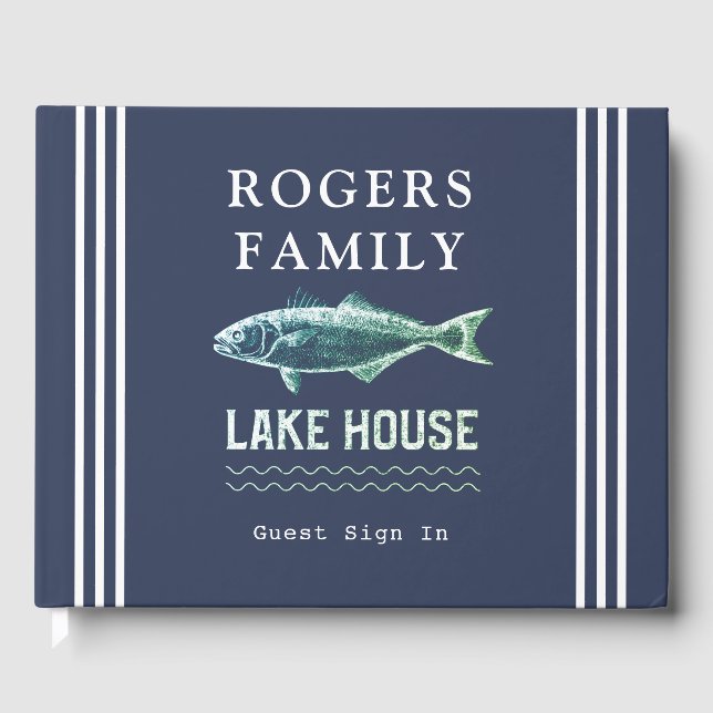Lake House Personalised Vacation Rental Navy Blue  Guest Book (Front)