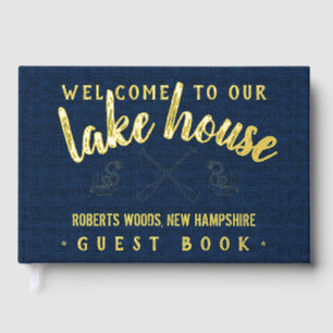 Lake House Personalised Vacation Rental Navy Gold Guest Book