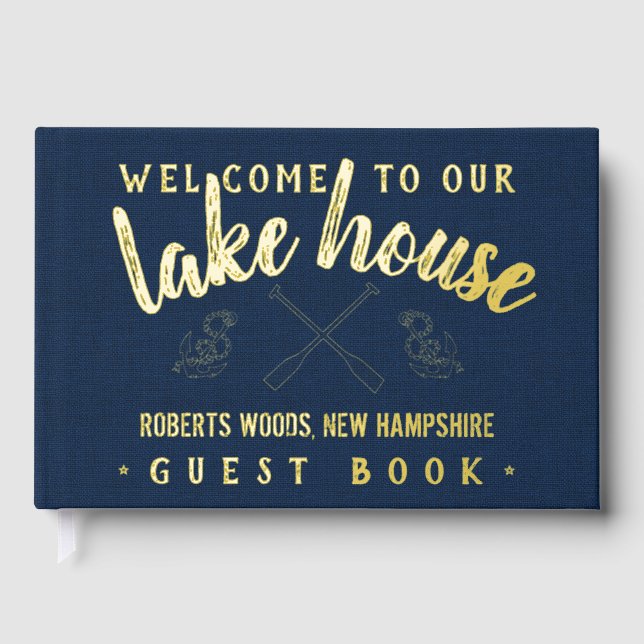 Lake House Personalised Vacation Rental Navy Gold Guest Book (Front)