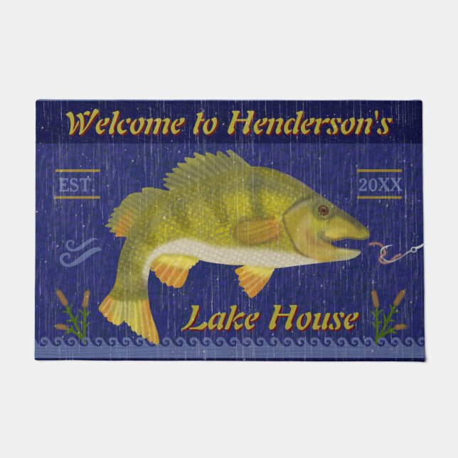 Lake House Rustic Nautical Bass Fish | Custom Name Doormat (Front)
