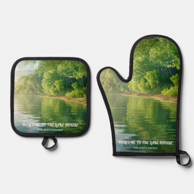 Lake House Vibes Personalised Gift Oven Mitt & Pot Holder Set (Front)