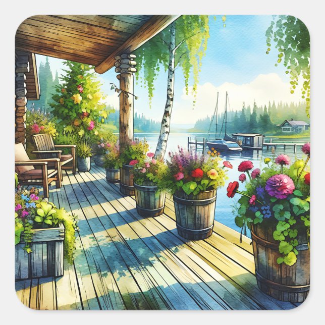 Lake House View | Deck over looking the Bay Square Sticker (Front)