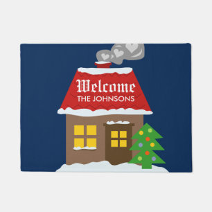 Lake house welcome doormat with small cabin design
