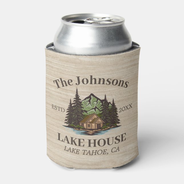 Lake House Wood Themed Family Name Personalised Can Cooler (Can Front)