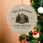 Lake House Wood Themed Family Name Personalised Ceramic Tree Decoration<br><div class="desc">Ideal for family gatherings, reunions, or your lakeside retreat, this product is designed with a charming rustic wood finish. It showcases a beautifully designed mountain scene by the lake with a cabin, personalised with your family name, the year established, and any additional details you prefer. An excellent choice for a...</div>