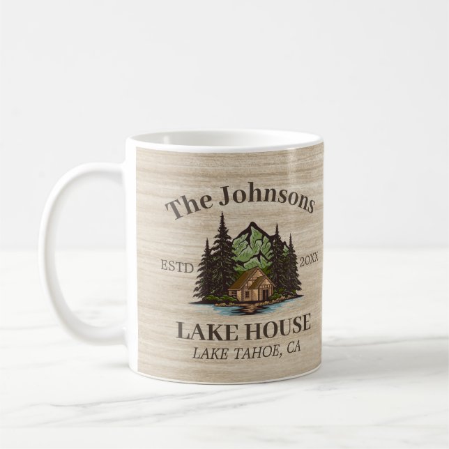 Lake House Wood Themed Family Name Personalised Coffee Mug (Left)