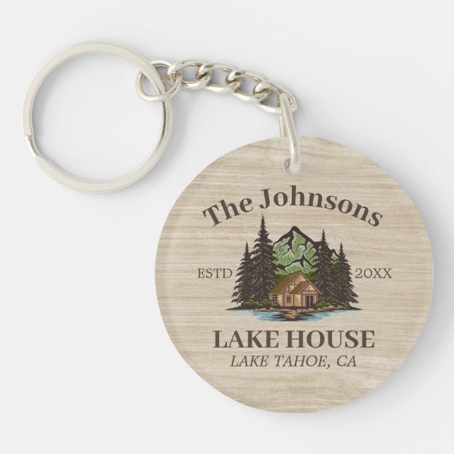 Lake House Wood Themed Family Name Personalised Key Ring (Front)