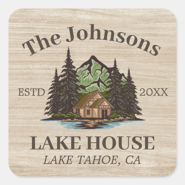 Lake House Wood Themed Family Name Personalised Square Sticker (Front)