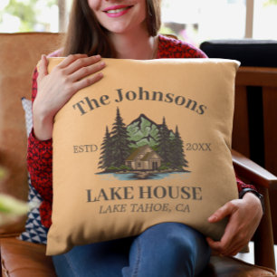 Lake House Wood Themed Family Name Personalized Cushion