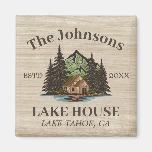 Lake House Wood Themed Family Name Personalized Magnet