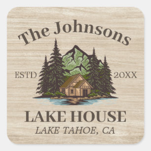 Lake House Wood Themed Family Name Personalized Square Sticker