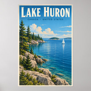 Lake Huron Illustration Travel Art Vintage Poster