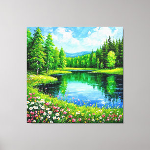 Lake in Lush Forest Landscape Blooming Wildflowers Canvas Print