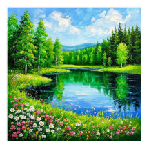 Lake in Lush Forest Landscape Blooming Wildflowers