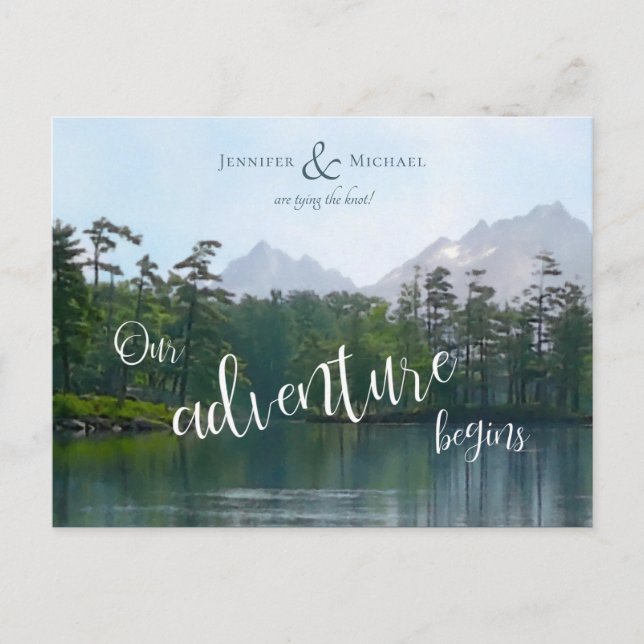 Lake in the mountains our adventure begins wedding announcement postcard (Front)