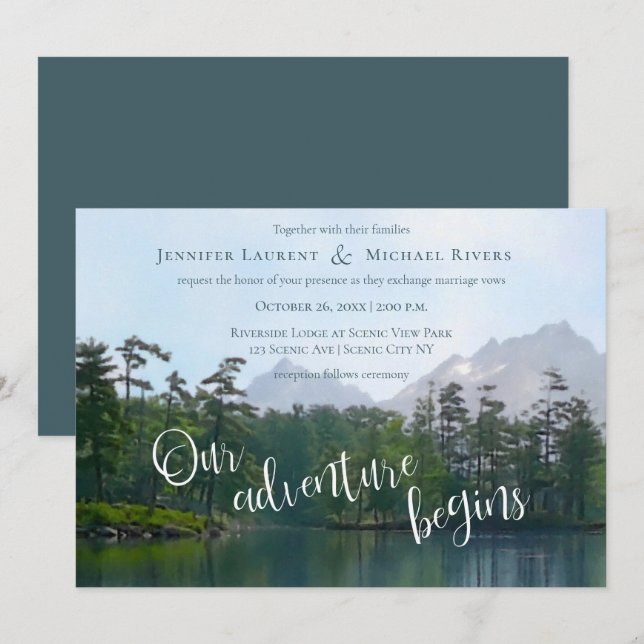 Lake in the mountains our adventure begins wedding invitation (Front/Back)