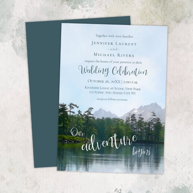 Lake in the mountains our adventure begins wedding invitation (Creator Uploaded)