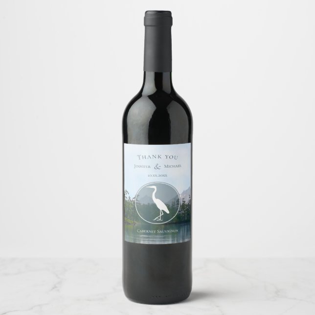 Lake in the mountains rustic nature heron wedding wine label (Front)