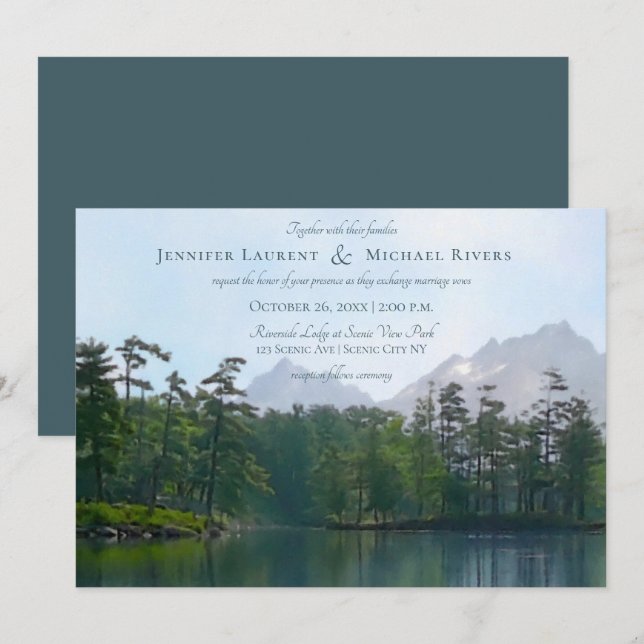 Lake in the mountains rustic nature lovers wedding invitation (Front/Back)