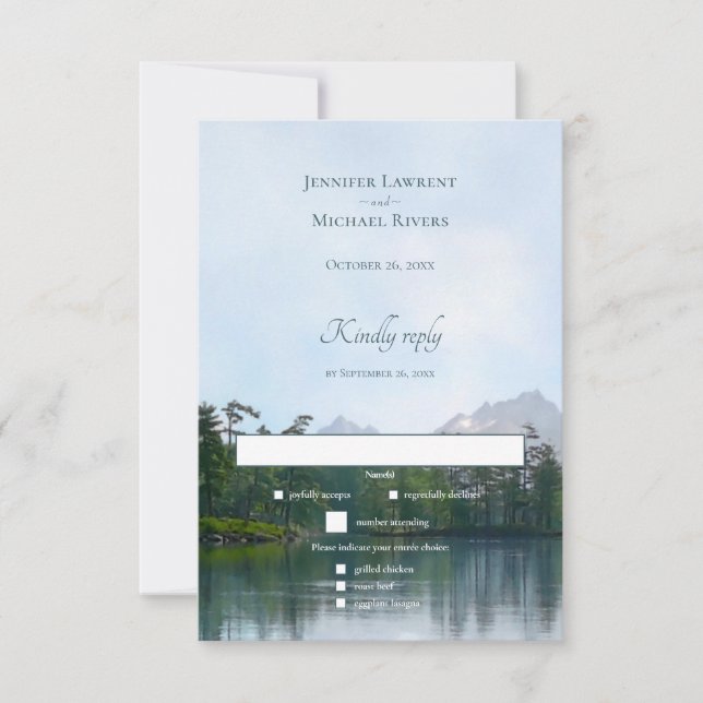 Lake in the mountains rustic nature wedding RSVP card (Front)
