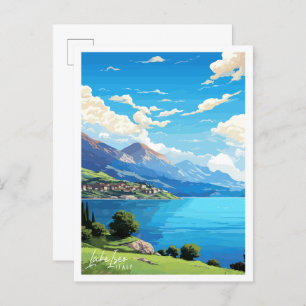 Lake Iseo Italy vintage travel illustration Postcard