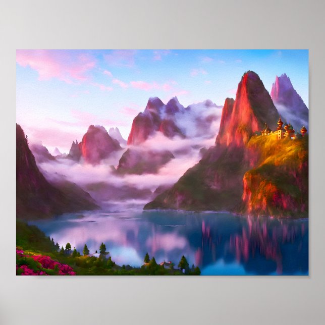 Lake landscape surrounded by mountains poster (Front)