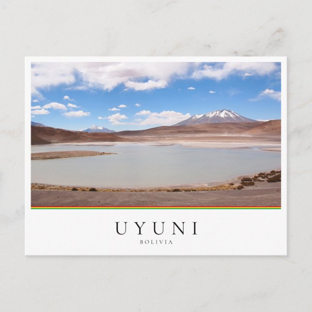 Lake landscape with volcano near Uyuni, Bolivia Postcard (Front)